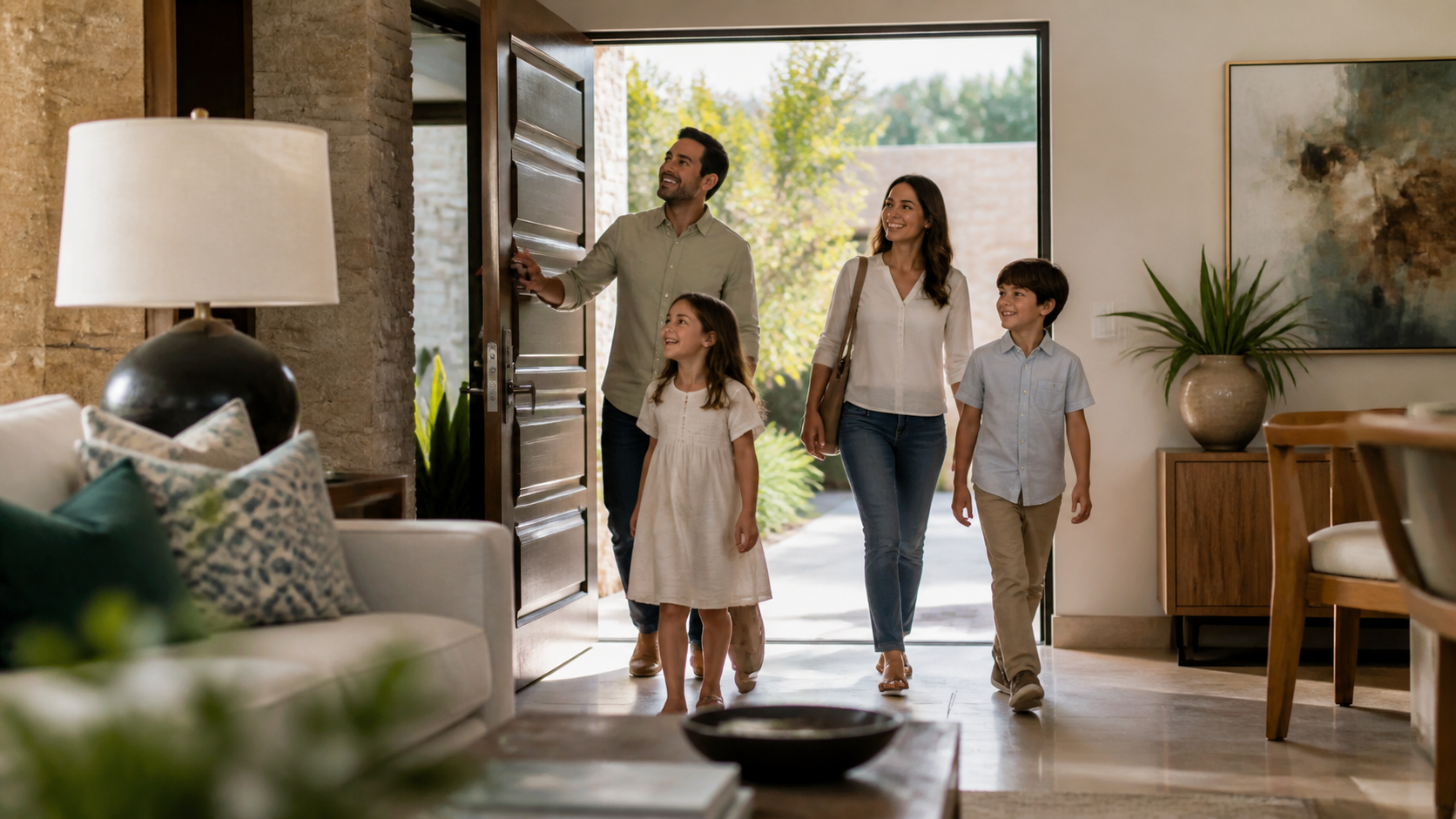 Familia entrando feliz a una casa amueblada