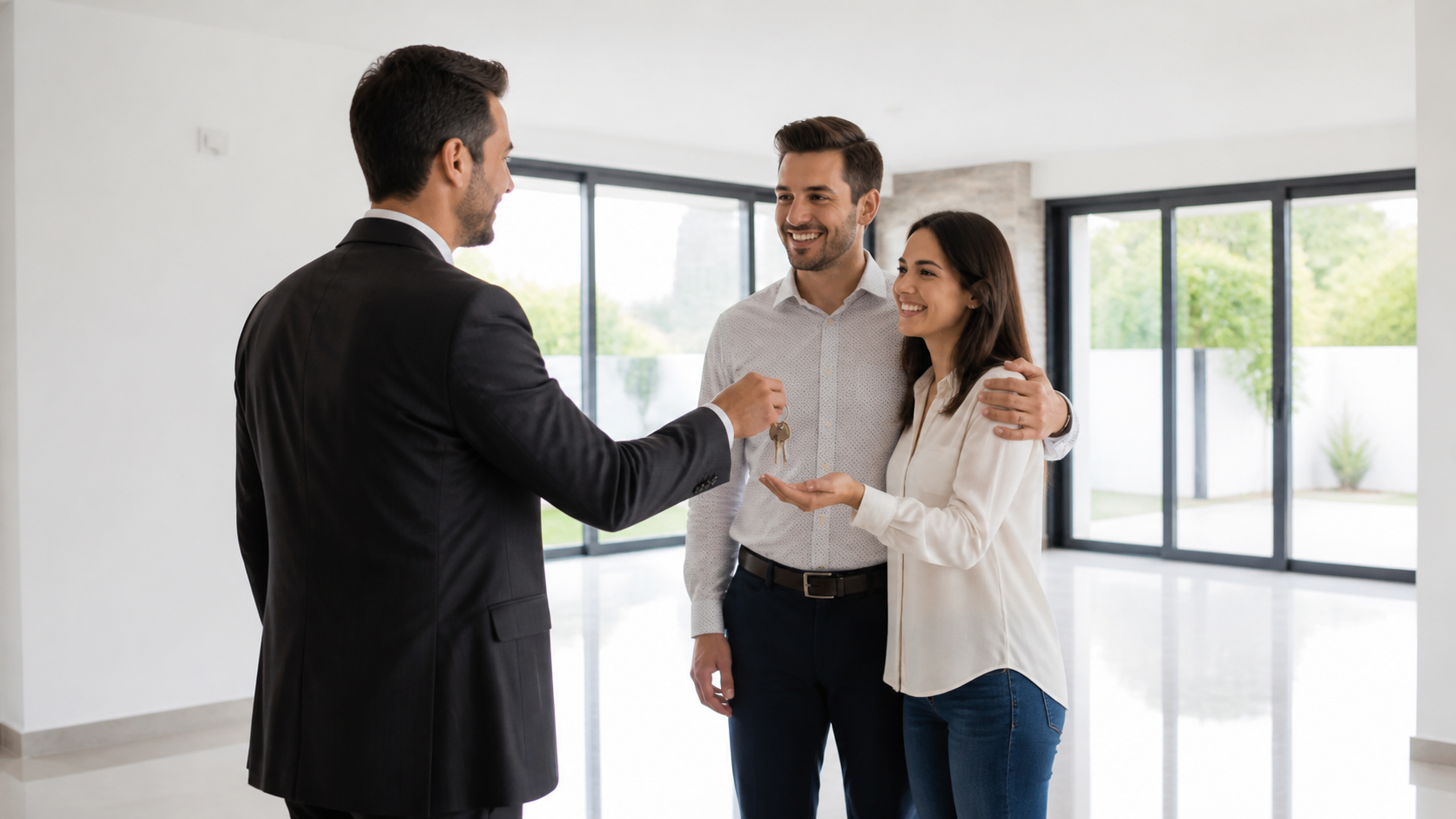 Asesor entregando llaves a un matrimonio en una habitación luminosa