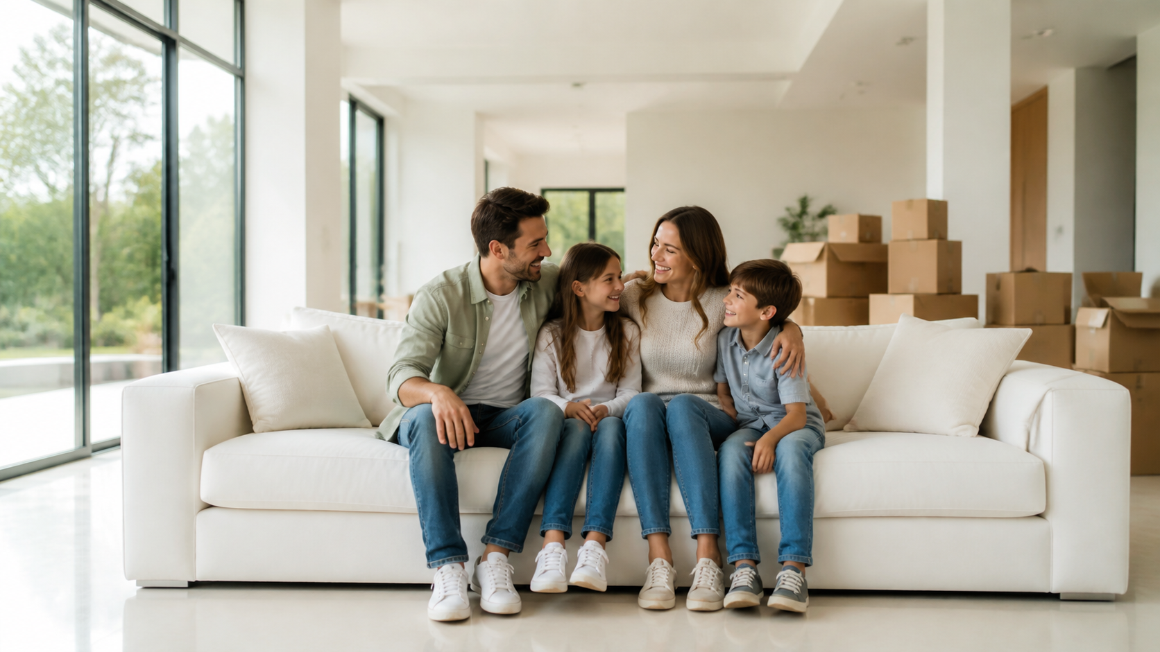 Familia feliz sentada en un sillón blanco con cajas de mudanza detrás